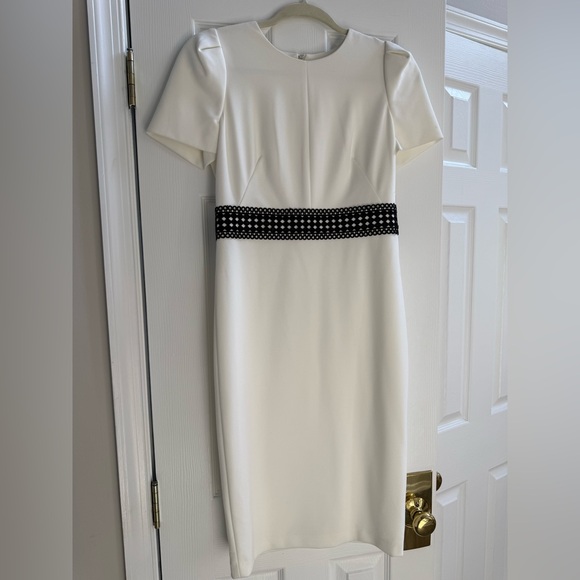 Calvin Klein White Midi Dress with Black Waist Detail - Picture 1 of 4